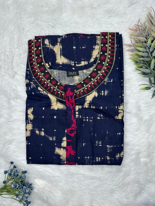 Oxford Blue Printed 12" Long Zip Matching Embroidery Neck Pure Cotton Feeding Nighty Plus Size Short Sleeve (Suits for bra size 40″- 46″ | 54"-56" inch length)