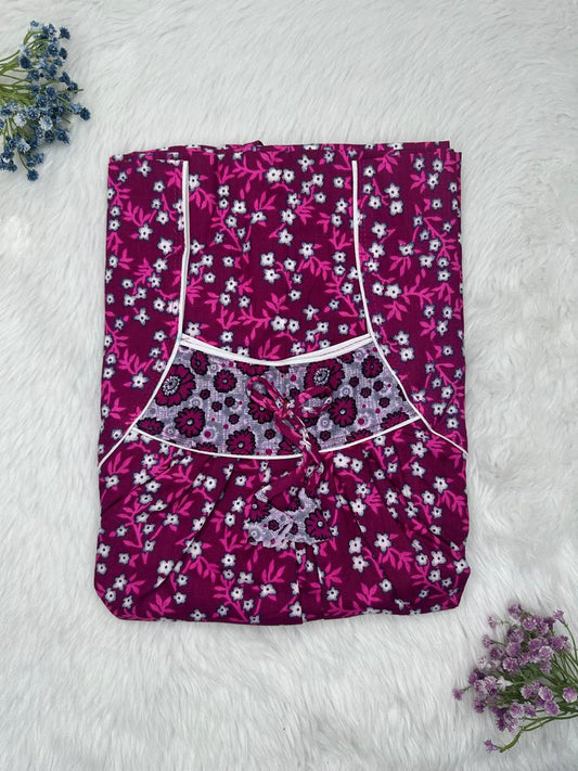 Tyrian Purple Printed Front and Back Pleated Pure Cotton Nighty Free Size Short Sleeve (Suits for bra size 34″- 40″ | 54-56 inch length)