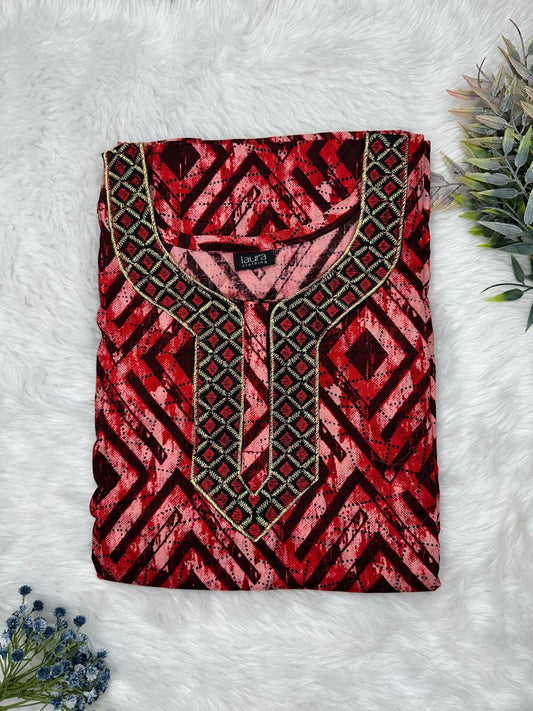 Red Brown Printed Normal Zip Pure Cotton Matching Neck Embroidery Nighty Free Size Short Sleeve (Suits for bra size 34″- 40″ | 54-56 inch length)