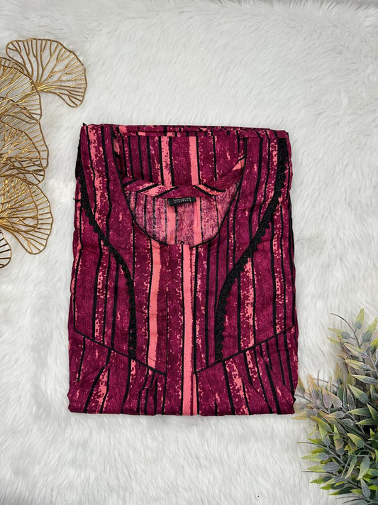 Pansy Purple Printed Round Neck Centre Long 12" Zip Pure Cotton Feeding Nighty Free Size Short Sleeve (Suits for bra size 34″- 40″ | 54-56 inch length)