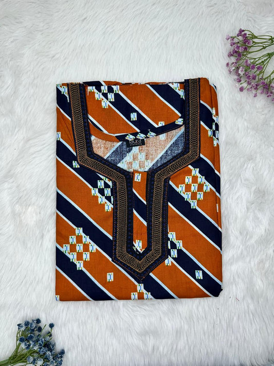 Rusty Orange Normal Zip Embroidery Neck Pure Cotton Nighty Plus Size Short Sleeve (Suits for bra size 40″- 46″ | 54-56 inch length)