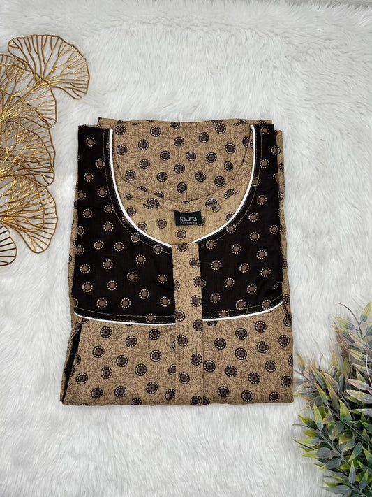 Grullo and Smoky Black Green Printed Round Neck Pleated Pure Cotton Feeding Nighty With Two Side Vertical Zip and Single Centre Zip Free Size Short Sleeve (Suits for bra size 34″- 40″ | 54-56 inch length)