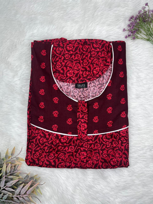 Dark Sienna and Utah Crimson Printed Mix N Match Square Neck Pleated Cotton Nighty With Centre -8″ Zip Short Sleeve Free Size (Suits for bra size 34″- 40″ | 54-56 inch length)