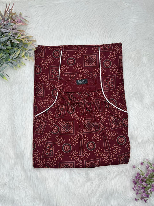Dark Scarlet Printed Cotton Square Neck Elastic Pleated Nighty Free Size Short Sleeve (Suits for bra size 34″- 40″ | 54-56 inch length)