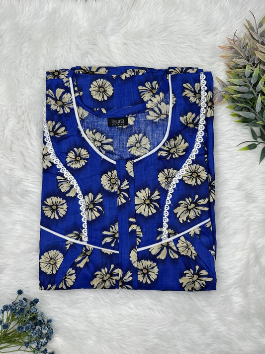 Saint Patrick Blue Printed Round Neck Centre Long 12" Zip Pure Cotton Feeding Nighty Free Size Short Sleeve (Suits for bra size 34″- 40″ | 54-56 inch length)