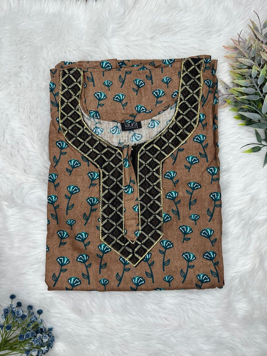 Chamoisee Printed Normal Zip Pure Cotton Matching Neck Embroidery Nighty Free Size Short Sleeve (Suits for bra size 34″- 40″ | 54-56 inch length)