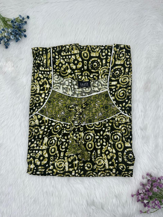 Dark tan Green Printed Square Neck No Zip Pleated Pure Cotton Nighty Free Size Short Sleeve (Suits for bra size 34″- 40″ | 54-56 inch length)