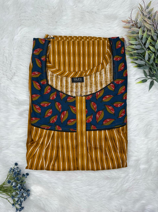 Golden Brown Printed Mix N Match Square Neck Pleated Cotton Nighty With Centre -8″ Zip Short Sleeve Free Size (Suits for bra size 34″- 40″ | 54-56 inch length )