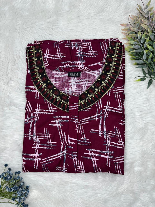 Dark Scarlet Printed 12" Long Zip Matching Embroidery Neck Pure Cotton Feeding Nighty Plus Size Short Sleeve (Suits for bra size 40″- 46″ | 54"-56" inch length)