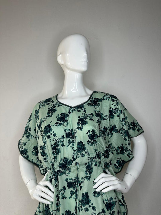 Cambridge Blue and Dark Jungle Green printed Pure Cotton V-Neck Kaftan With Matching Border Lace And Adjustable Tie Free Size (Suits for bra size 34″- 40″) | 54-56 Inch Length