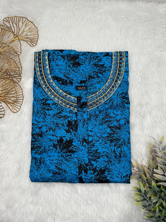 Steel Blue and Onyx Printed 12" Long Zip Pure Cotton Matching Neck Embroidery Feeding Nighty Free Size Short Sleeve (Suits for bra size 34″- 40″ | 54-56 inch length)