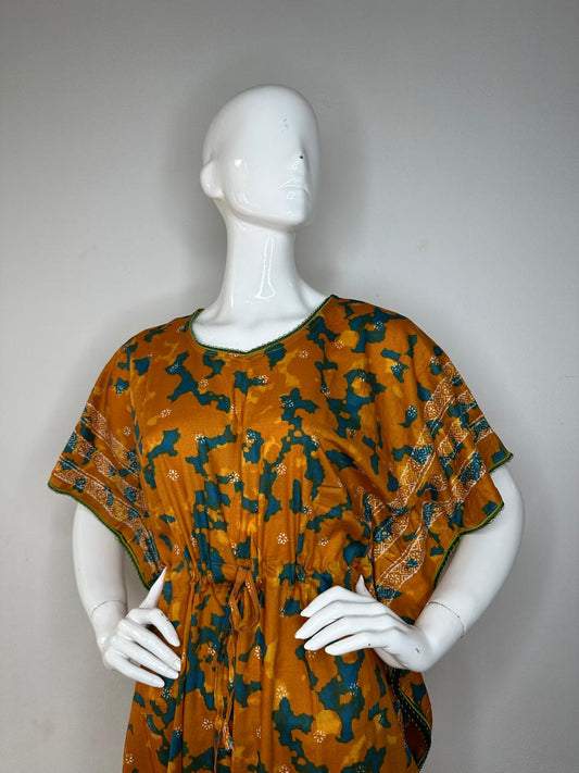 Ginger and Prussian Blue printed Pure Cotton V-Neck Kaftan With Matching Border Lace And Adjustable Tie Free Size (Suits for bra size 34″- 40″) | 54-56 Inch Length