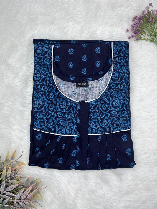 Medium Electric Blue and Oxford Blue Printed Mix N Match Square Neck Pleated Cotton Nighty With Centre -8″ Zip Short Sleeve Free Size (Suits for bra size 34″- 40″ | 54-56 inch length)