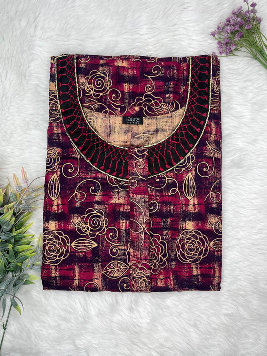 Tryian Purple Printed 12" Long Zip Pure Cotton Matching Neck Embroidery Feeding Nighty Free Size Short Sleeve (Suits for bra size 34″- 40″ | 54-56 inch length)