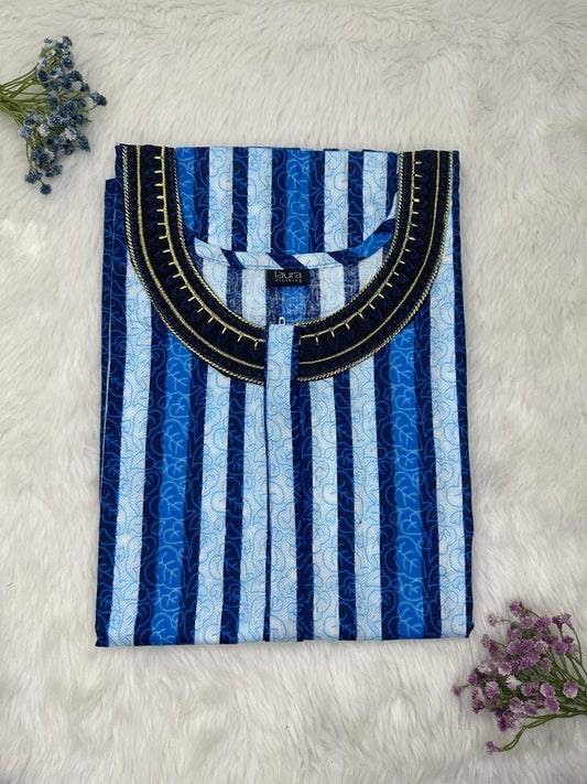 Pale Cerulean and True Blue Printed 12" Long Zip Matching Embroidery Neck Pure Cotton Feeding Nighty Plus Size Short Sleeve (Suits for bra size 40″- 46″ | 54"-56" inch length)