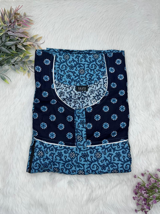 Rackley and Dark Blue Printed Round Neck Pleated Pure Cotton Feeding Nighty With Two Side Vertical Zip and Single Centre Zip Free Size Short Sleeve (Suits for bra size 34″- 40″ | 54-56 inch length)