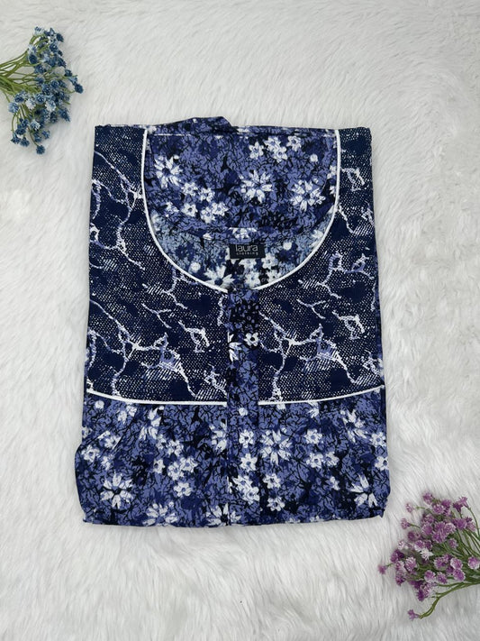 UCLA Blue Printed Mix N Match Round Neck Pleated Cotton Nighty With Centre -8″ Zip Short Sleeve Free Size (Suits for bra size 34″- 40″ | 54-56 inch length )