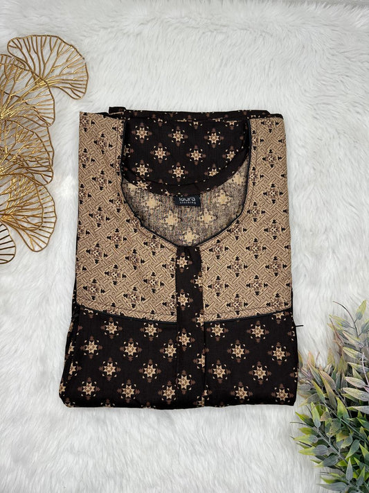 Smoky Black and Tan Printed Round Neck Pleated Pure Cotton Feeding Nighty With Two Side Vertical Zip and Single Centre Zip Free Size Short Sleeve (Suits for bra size 34″- 40″ | 54-56 inch length)
