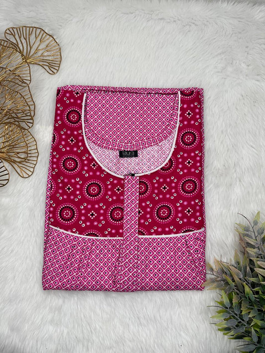 Rich Maroon Printed Mix N Match Round Neck Pleated Cotton Nighty With Centre -8″ Zip Short Sleeve Free Size (Suits for bra size 34″- 40″ | 54-56 inch length