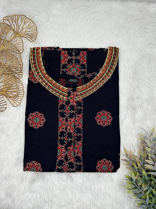 Onyx and Falu Red Printed 12" Long Zip Pure Cotton Matching Neck Embroidery Feeding Nighty Free Size Short Sleeve (Suits for bra size 34″- 40″ | 54-56 inch length)