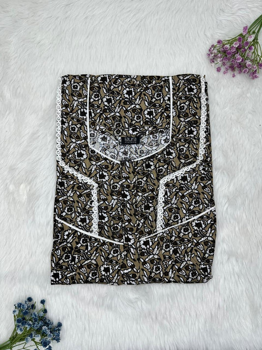 Dim Gray Printed Square Neck Centre Long 12" Zip Pure Cotton Feeding Nighty Free Size Short Sleeve (Suits for bra size 34″- 40″ | 54-56 inch length)