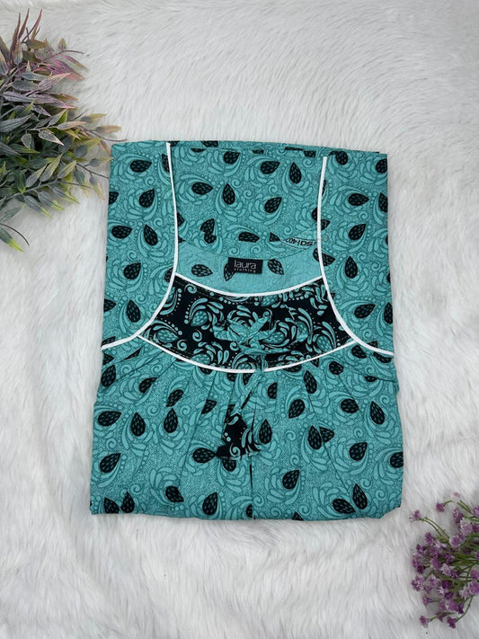 Cadet Blue Printed Square Neck No Zip Pleated Pure Cotton Nighty Free Size Short Sleeve (Suits for bra size 34″- 40″ | 54-56 inch length)