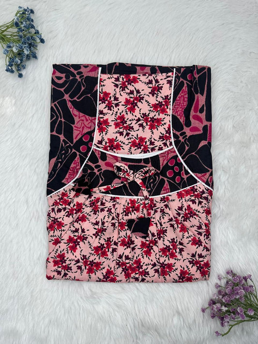 Pale Chestnut Printed Front and Back Pleated Pure Cotton Nighty Free Size Short Sleeve (Suits for bra size 34″- 40″ | 54-56 inch length)