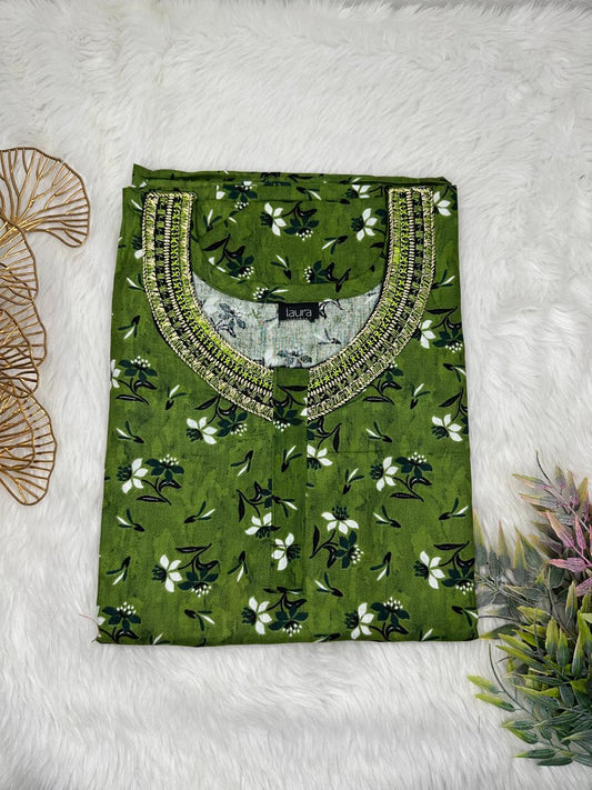 Sap Green Printed Normal Zip Pure Cotton Matching Neck Embroidery Feeding Nighty Free Size Short Sleeve (Suits for bra size 34″- 40″ | 54-56 inch length)