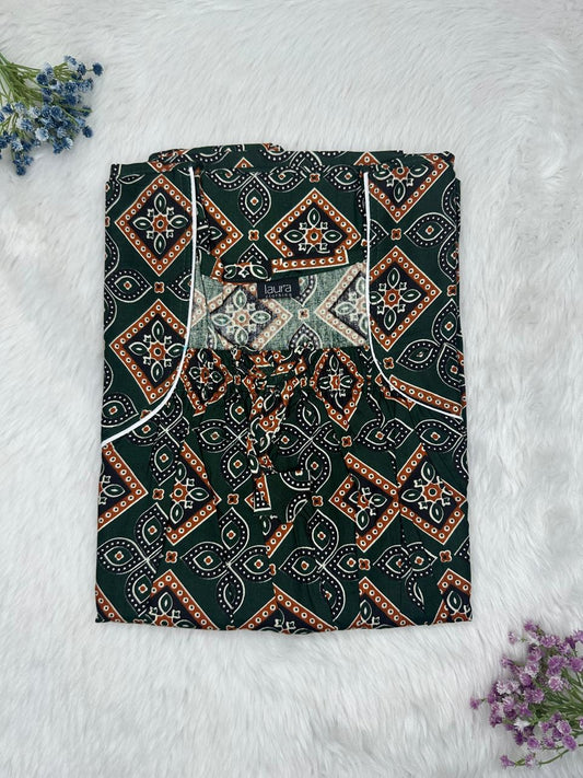 Dark Jungle Green Cotton Square Neck Elastic Pleated Nighty Free Size Short Sleeve (Suits for bra size 34″- 40″ | 54-56 inch length)