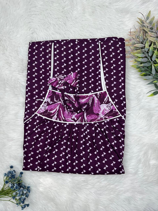 Indigo Printed Front and Claret Pleated Pure Cotton Nighty Free Size Short Sleeve (Suits for bra size 34″- 40″ | 54-56 inch length)