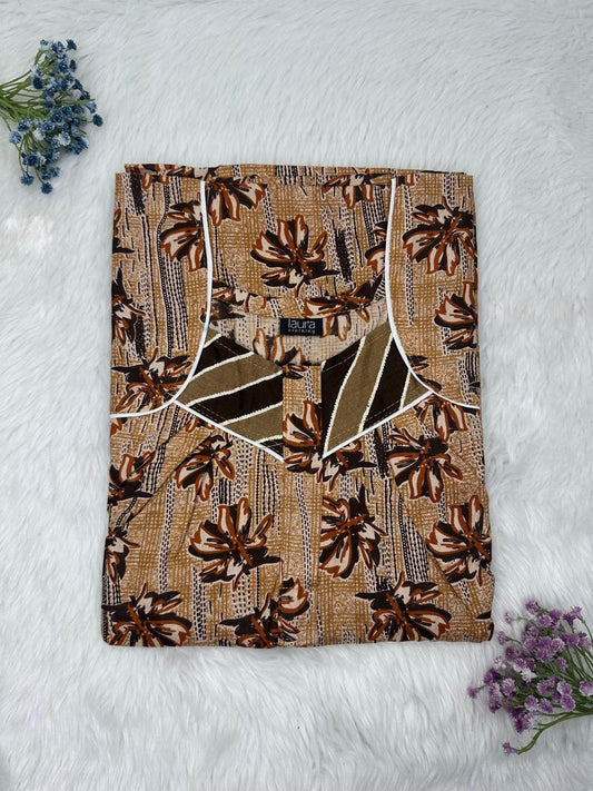 Pastel Brown Printed Square Neck Pleated Zip Pure Cotton Nighty Free Size Short Sleeve (Suits for bra size 34″- 40″ | 54-56 inch length)