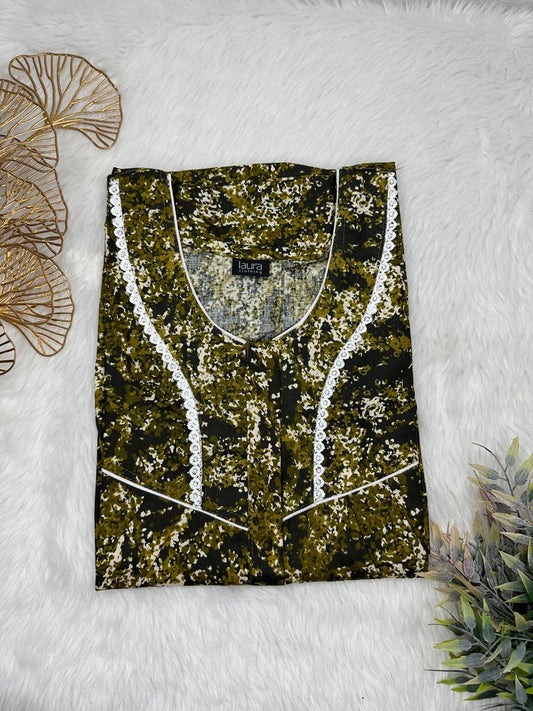 Army Green Printed Round Neck Centre Long 12" Zip Pure Cotton Feeding Nighty Free Size Short Sleeve (Suits for bra size 34″- 40″ | 54-56 inch length)