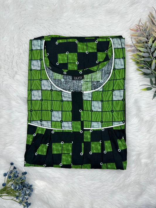 Forest Green and Onyx Printed Mix N Match Round Neck Pleated Cotton Nighty With Centre -8″ Zip Short Sleeve Free Size (Suits for bra size 34″- 40″ | 54-56 inch length )