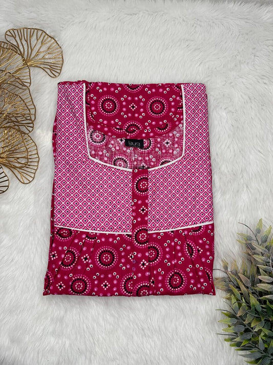 Burgundy and Jazzberry Jam Printed Mix N Match Square Neck Pleated Cotton Nighty With Centre -8″ Zip Short Sleeve Free Size (Suits for bra size 34″- 40″ | 54-56 inch length)