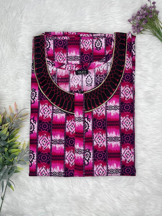 Red Violet Printed 12" Long Zip Pure Cotton Matching Neck Embroidery Feeding Nighty Free Size Short Sleeve (Suits for bra size 34″- 40″ | 54-56 inch length)
