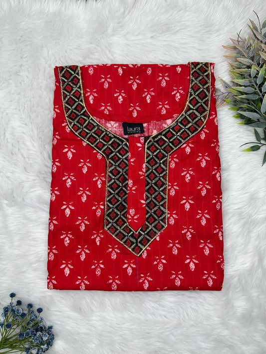 Cornell Red Printed Normal Zip Pure Cotton Matching Neck Embroidery Nighty Free Size Short Sleeve (Suits for bra size 34″- 40″ | 54-56 inch length)