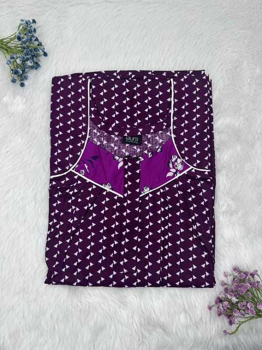 Dark Byzantium Printed Square Neck Pleated Zip Pure Cotton Nighty Free Size Short Sleeve (Suits for bra size 34″- 40″ | 54-56 inch length)