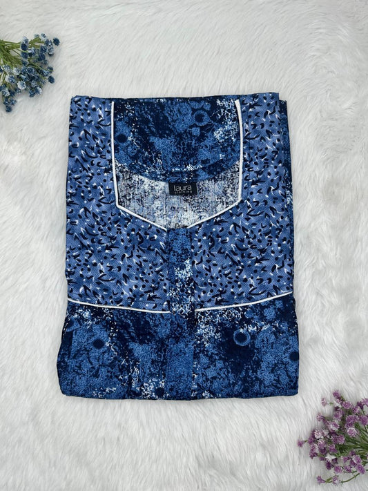 Dark Cerulean Printed Square Neck Pleated Pure Cotton Feeding Nighty With Two Side Vertical Zip and Single Centre Zip Free Size Short Sleeve (Suits for bra size 34″- 40″ | 54-56 inch length)