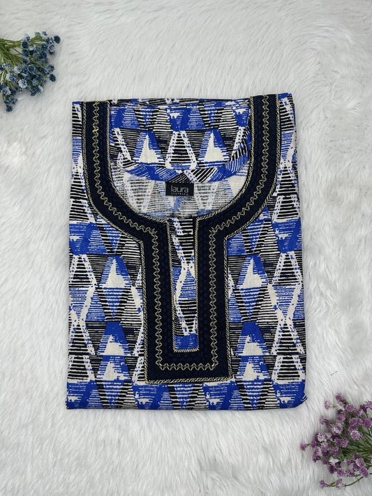 Pale Silver and Onyx Printed Normal Zip Pure Cotton Matching Neck Embroidery Nighty Free Size Short Sleeve (Suits for bra size 34″- 40″ | 54-56 inch length)