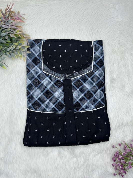 UCLA Blue and Onyx Printed Square Neck Pleated Pure Cotton Feeding Nighty With Two Side Vertical Zip and Single Centre Zip Free Size Short Sleeve (Suits for bra size 34″- 40″ | 54-56 inch length)