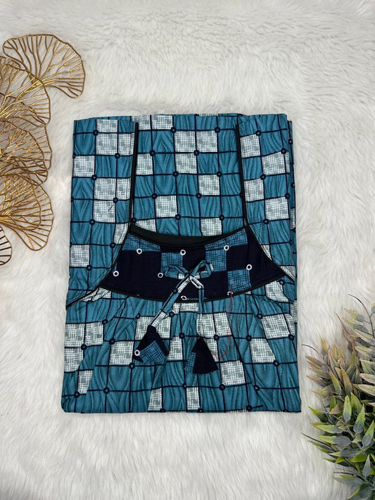 Cool Black Printed Front and Teal Blue Pleated Pure Cotton Nighty Free Size Short Sleeve (Suits for bra size 34″- 40″ | 54-56 inch length)
