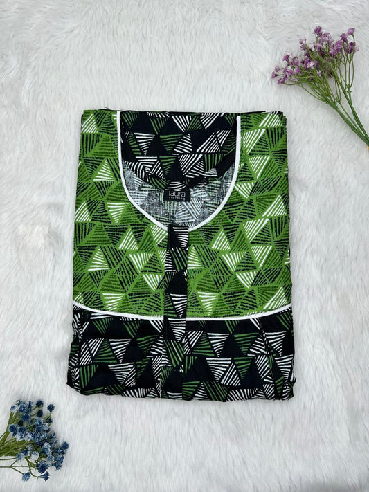 Lincoln Green and Onyx Printed Round Neck Pleated Pure Cotton Feeding Nighty With Two Side Vertical Zip and Single Centre Zip Free Size Short Sleeve (Suits for bra size 34″- 40″ | 54-56 inch length)
