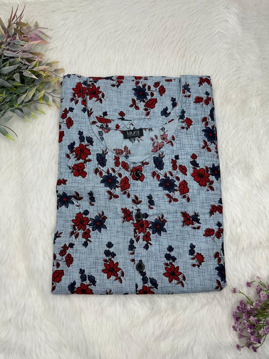 Payne Grey Printed Round Neck Pure Cotton Full Open Button Labour Room Nighty Free Size Short Sleeve (Suits for bra size 34″- 40″ | 54-56 inch length)