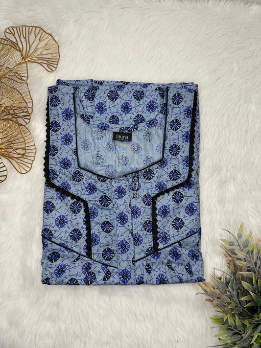 Cadet Grey Printed Square Neck Centre Long 12" Zip Pure Cotton Feeding Nighty Free Size Short Sleeve (Suits for bra size 34″- 40″ | 54-56 inch length)