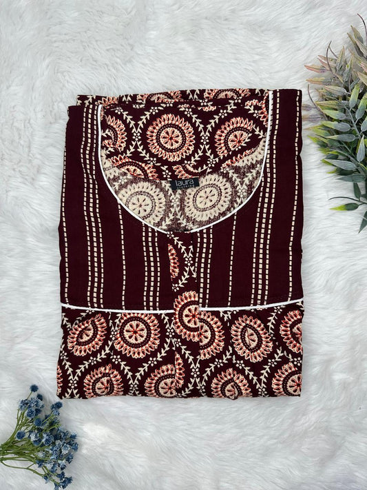Seal Brown Printed Mix N Match Round Neck Pleated Cotton Nighty With Centre -8″ Zip Short Sleeve Free Size (Suits for bra size 34″- 40″ | 54-56 inch length )