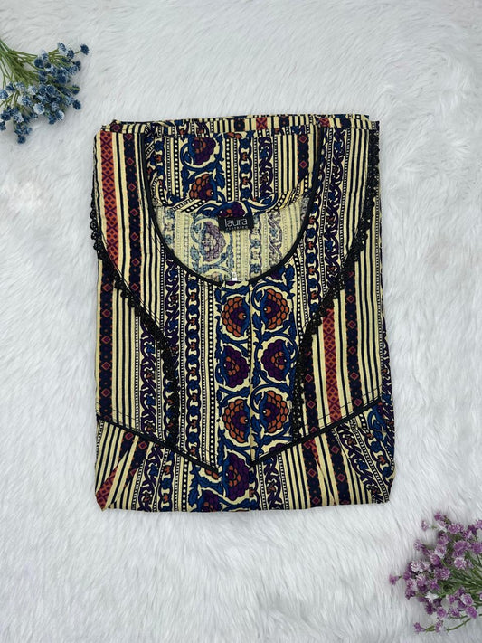 Ecru and Onyx Printed Round Neck Centre Long 12" Zip Pure Cotton Feeding Nighty Free Size Short Sleeve (Suits for bra size 34″- 40″ | 54-56 inch length)