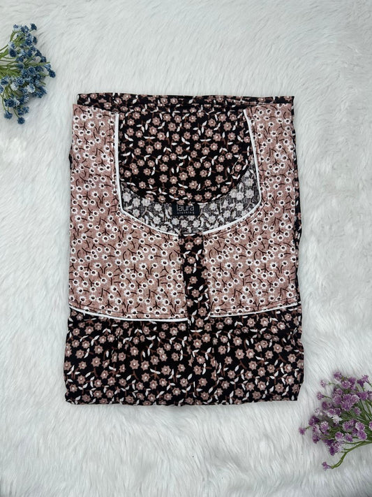 Medium Taupe and Onyx Printed Mix N Match Square Neck Pleated Cotton Nighty With Centre -8″ Zip Short Sleeve Free Size (Suits for bra size 34″- 40″ | 54-56 inch length )