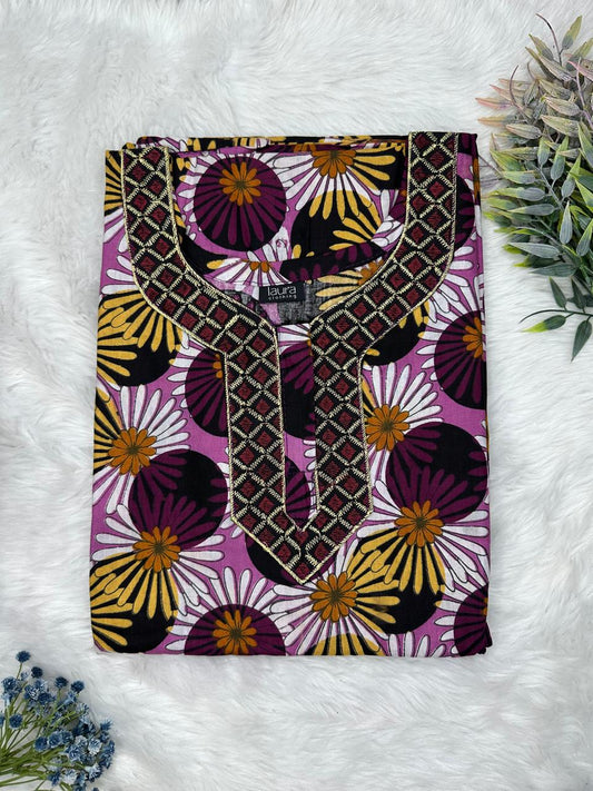 Twilight Lavender Printed Normal Zip Embroidery Neck Pure Cotton Maternity Nighty Plus Size Short Sleeve (Suits for bra size 40″- 46″ | 54-56 inch length)