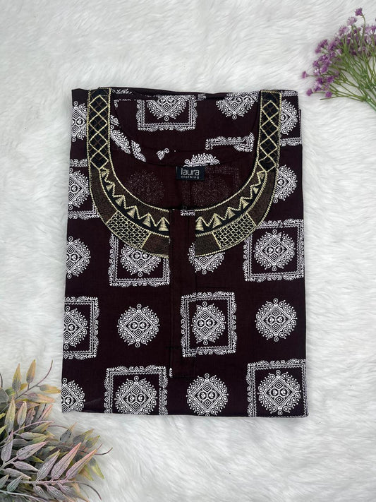 Seal Brown Printed Normal Zip Embroidery Neck Pure Cotton Maternity Nighty Plus Size Short Sleeve (Suits for bra size 40″- 46″ | 54-56 inch length)