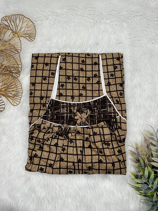 Coffee Printed Front and Smokey Black Pleated Pure Cotton Nighty Free Size Short Sleeve (Suits for bra size 34″- 40″ | 54-56 inch length)
